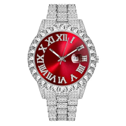 Luxurious red dial watch encrusted with sparkling crystals, ideal for elegant fashion.