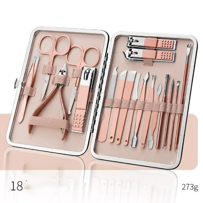 18-piece rose gold manicure set with stainless steel tools in metallic case, 273g weight