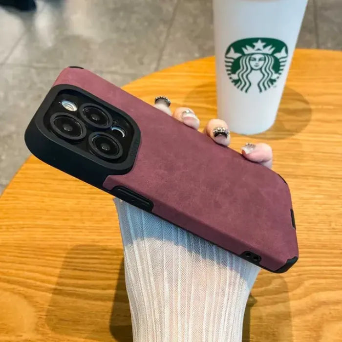 Luxury suede phone cover in maroon with a soft textured finish, offering a premium stylish look and durable protective suede case