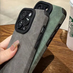 Luxury suede phone cover set in green and grey shown together, featuring textured suede case materials and stylish premium protection.