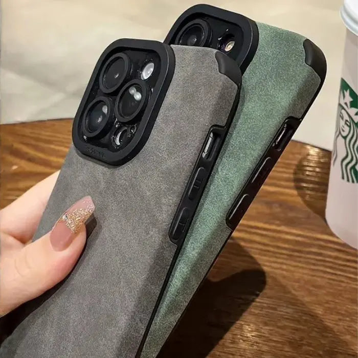 Luxury suede phone cover set in green and grey shown together, featuring textured suede case materials and stylish premium protection.