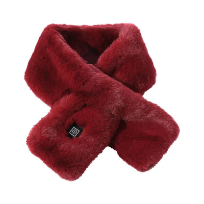 Plush wine red faux fur scarf with a cross-loop design, featuring a soft texture 