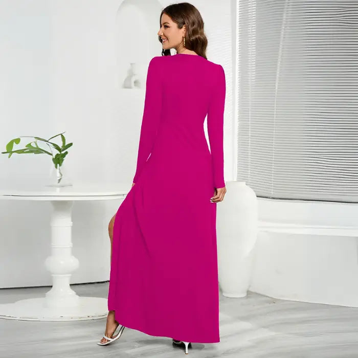 Magenta long sleeve V-neck maxi dress with a back view and a front slit design.