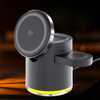 magnetic 4 in 1 wireless charging station in black glowing base light ideal for night charging with stylish modern look