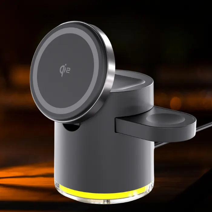 magnetic 4 in 1 wireless charging station in black glowing base light ideal for night charging with stylish modern look