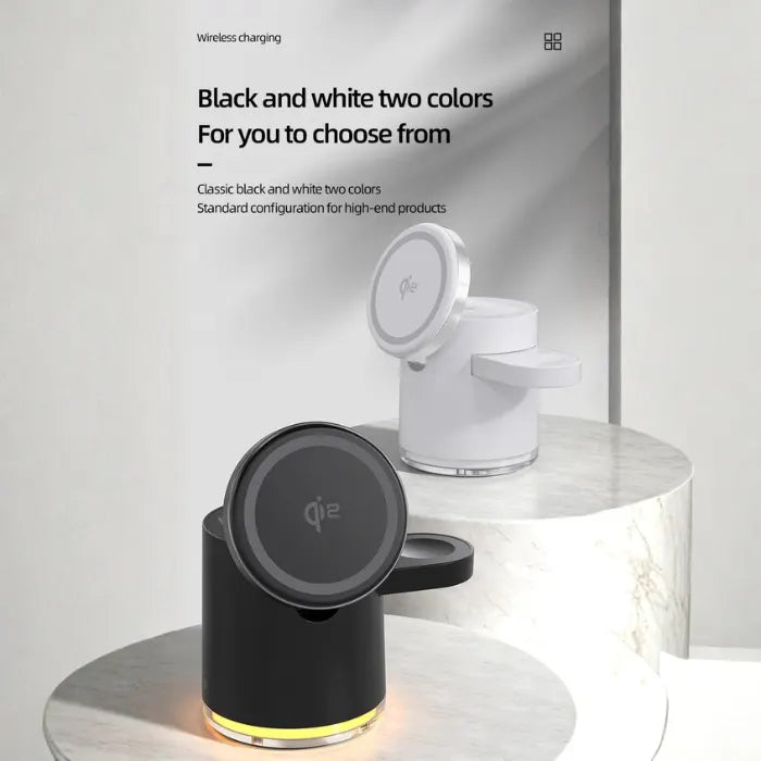 magnetic 4 in 1 wireless charging station shown in black and white options with premium modern design for multi device charging