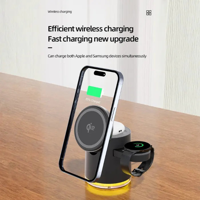 magnetic 4 in 1 wireless charging station powering phone watch and earbuds with upgraded fast wireless charging performance