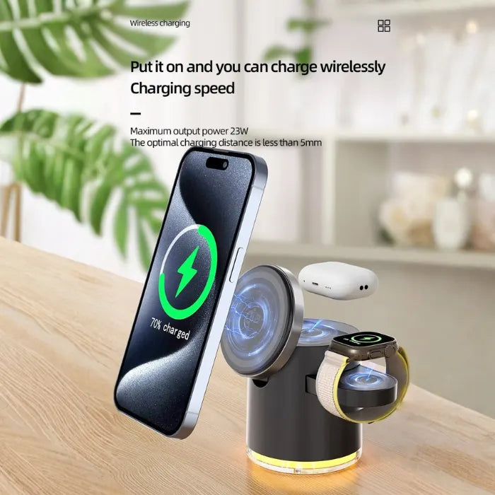 magnetic 4 in 1 wireless charging station charging phone watch and earbuds with strong magnetic alignment and fast wireless output