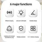 magnetic 4 in 1 wireless charging station feature chart showing efficient charging foldable design LED light and portability benefits