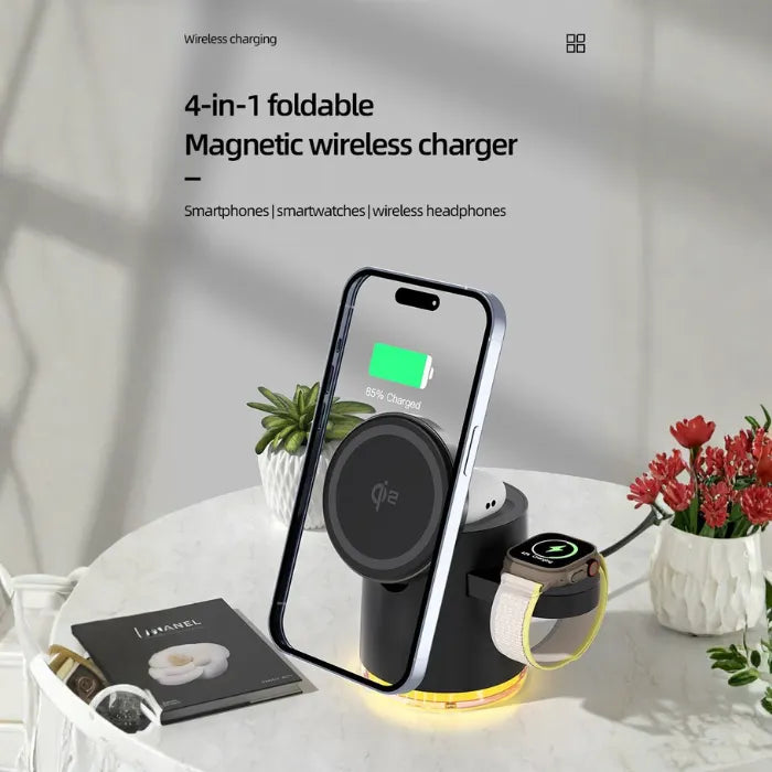 magnetic 4 in 1 wireless charging station foldable design charging phone watch and earbuds for compact high efficiency charging