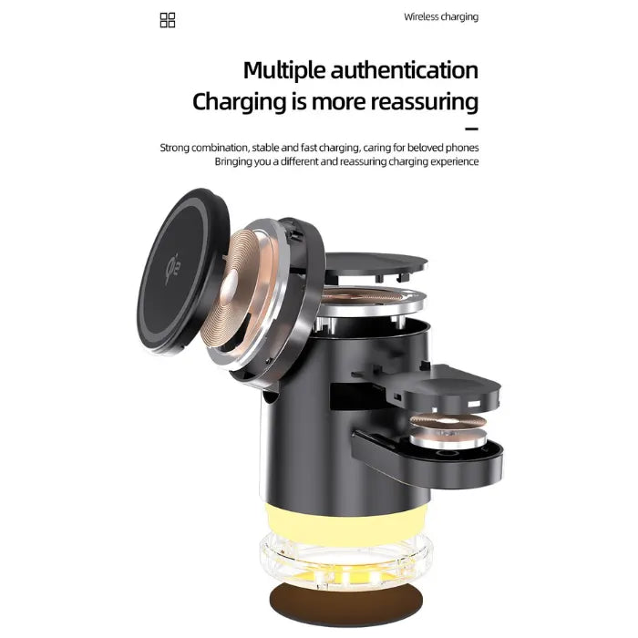 magnetic 4 in 1 wireless charging station exploded view showing internal coils and components for stable fast wireless charging