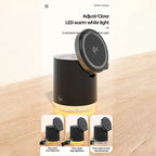 magnetic 4 in 1 wireless charging station with warm LED light showing brightness levels for adjustable ambient charging experience