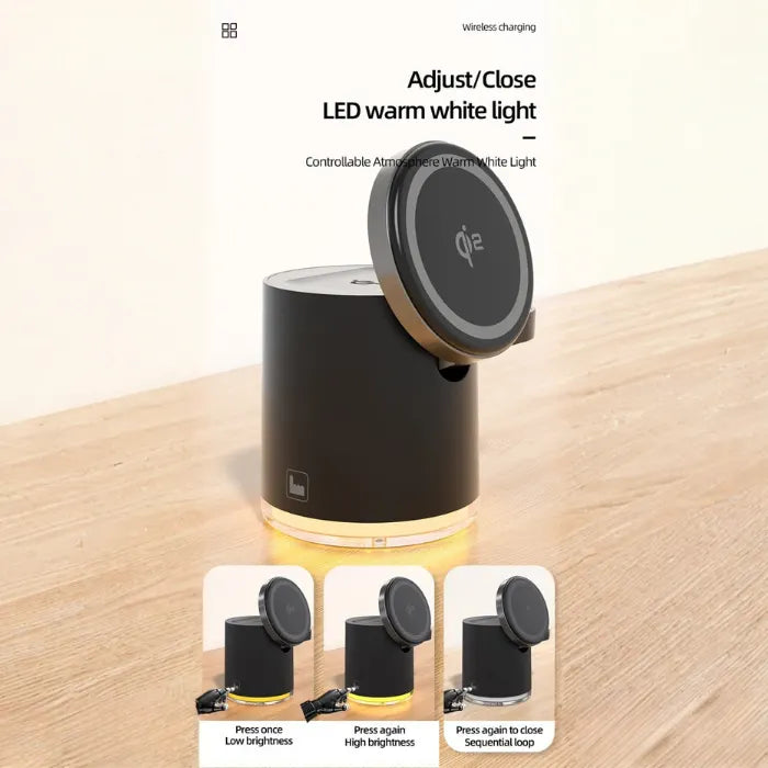 magnetic 4 in 1 wireless charging station with warm LED light showing brightness levels for adjustable ambient charging experience
