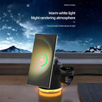magnetic 4 in 1 wireless charging station shown at night with warm white light and phone charging for easy device finding in dark rooms
