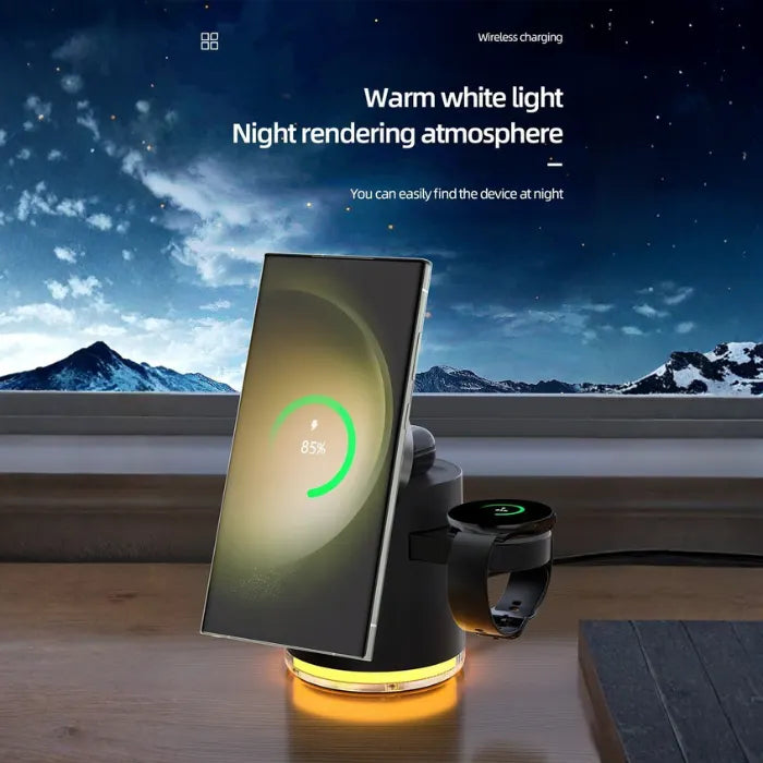 magnetic 4 in 1 wireless charging station shown at night with warm white light and phone charging for easy device finding in dark rooms