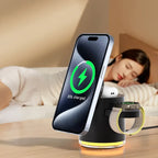 magnetic 4 in 1 wireless charging station powering phone watch and earbuds on nightstand for convenient fast charging while resting