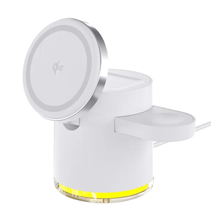 magnetic 4 in 1 wireless charging station in white with magnetic pad and side holder designed for multi device wireless charging