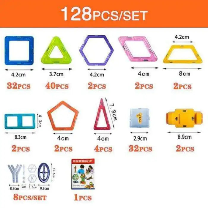 Magnetic building blocks 128-piece set displaying colorful square, triangle, and hexagon block pieces.