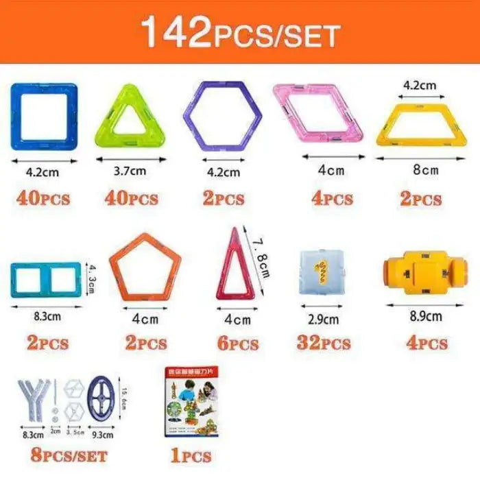 Magnetic building blocks 142-piece educational set with shapes, wheels, and connectors displayed.