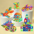 Magnetic building blocks forming 3D models of planes, houses, towers, and geometric shapes on display.