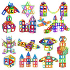 Magnetic building blocks arranged into various creative designs like rockets, houses, and airplanes.