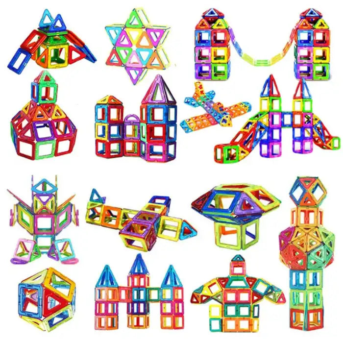 Magnetic building blocks arranged into various creative designs like rockets, houses, and airplanes.