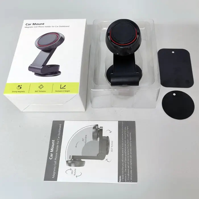 Retail package of magnetic car mount showing product, mounting plates, and instruction manual