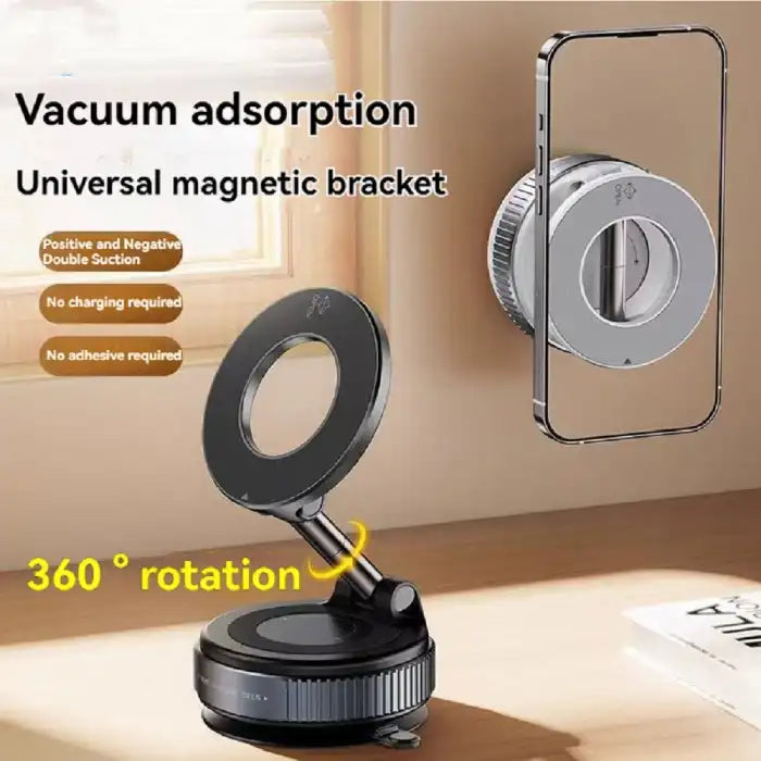 Magnetic Car Phone Holder with 360° rotation and vacuum suction for hands-free smartphone mounting.