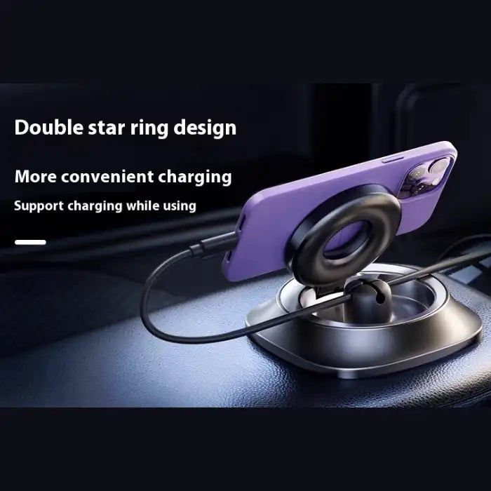 Magnetic Car Phone Holder supports charging while in use with dual ring design and stable grip.