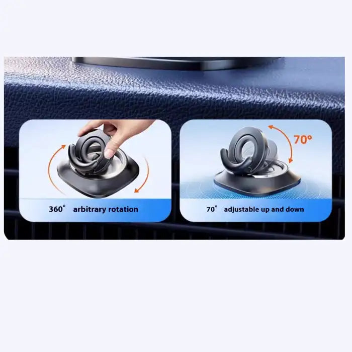 Magnetic Car Phone Holder with 360° rotation and 70° vertical tilt for precise phone positioning.