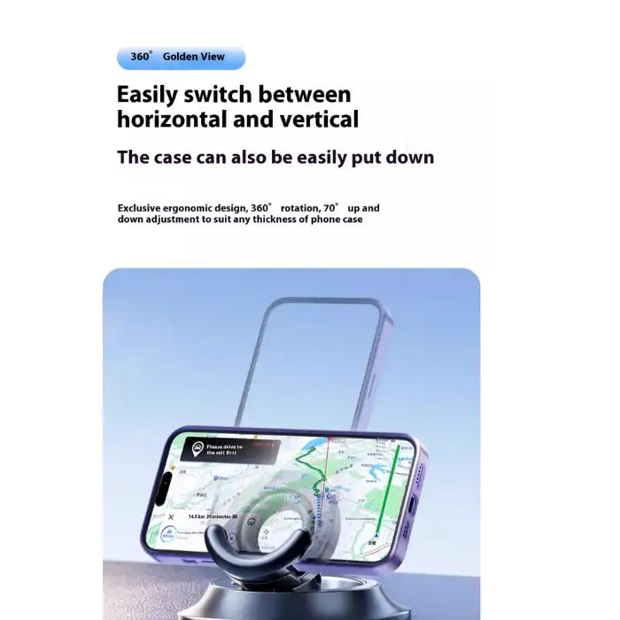 Magnetic Car Phone Holder with 360° rotation and vertical-horizontal switch support for any phone case.