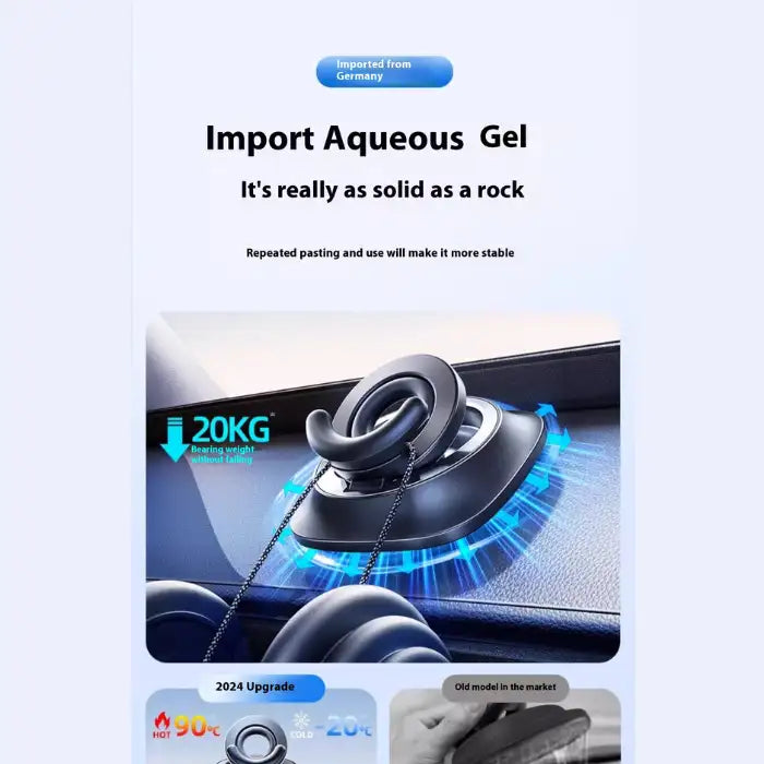 Magnetic Car Phone Holder with imported gel adhesive, 20KG load capacity, and extreme temperature resistance.