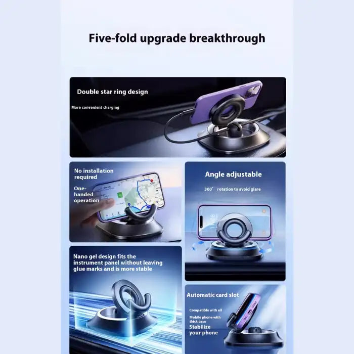 Upgraded Magnetic Car Phone Holder featuring one-hand use, angle adjustability, and nano gel