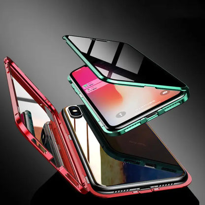 Double-sided magnetic iPhone case with tempered glass in red and green, showcasing floating assembly.