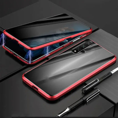 Shockproof magnetic iPhone case with a red frame and glowing accents on a modern desk.