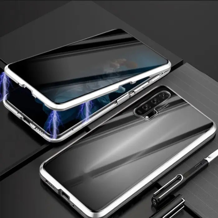 Shockproof magnetic iPhone case with a  white frame and glowing accents on a modern desk.