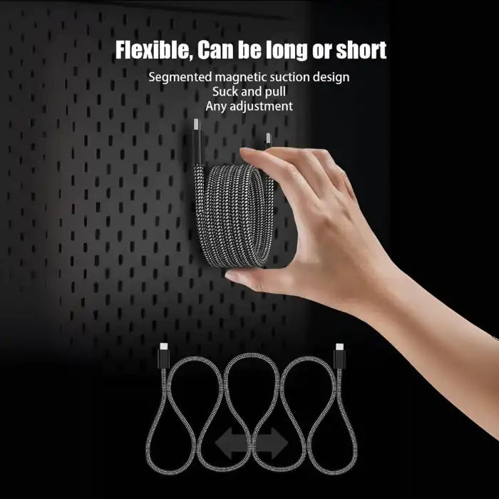 Magnetic charging cable featuring segmented suction design allowing flexible length adjustment with hand demonstrating coil extension