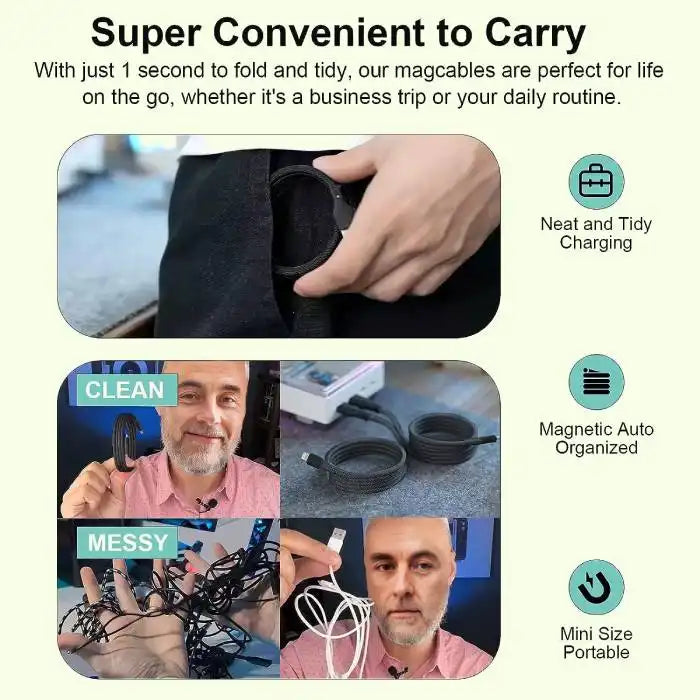 Magnetic charging cable shown in everyday situations - coffee shop, car storage, case organization and pocket-friendly design
