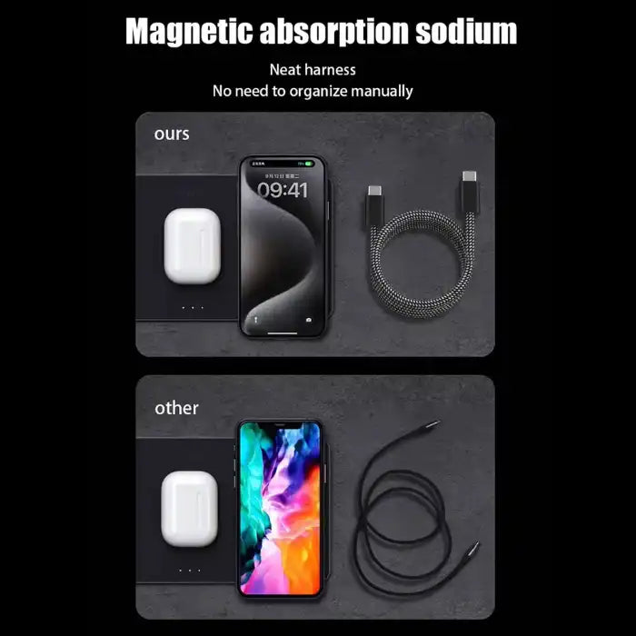 Magnetic charging cable organization comparison showing neat self-coiling design versus traditional tangled cables with devices