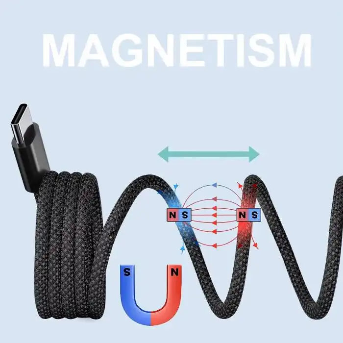 Magnetic charging cable technology illustrated with pole attraction diagram showing how magnetic elements create self-organizing cord design