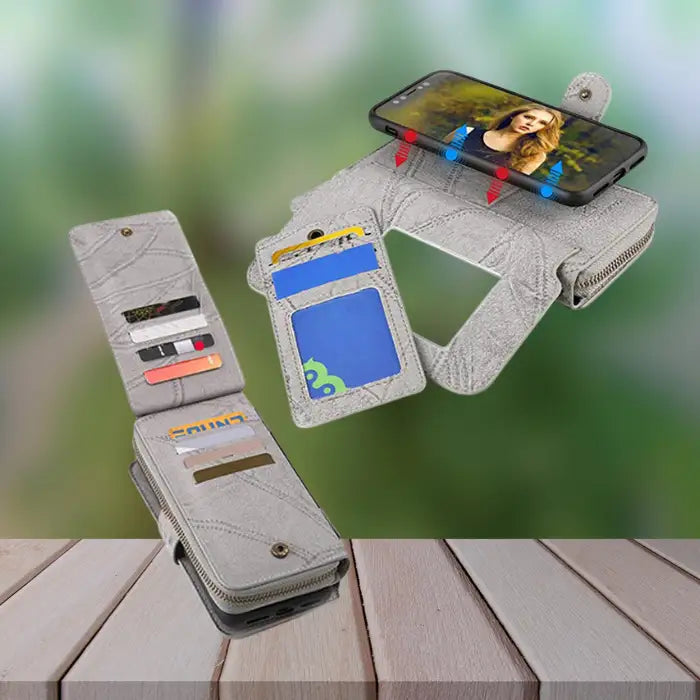 Magnetic detachable phone wallet featuring innovative magnetic mount system, multiple card slots and ID window for easy access