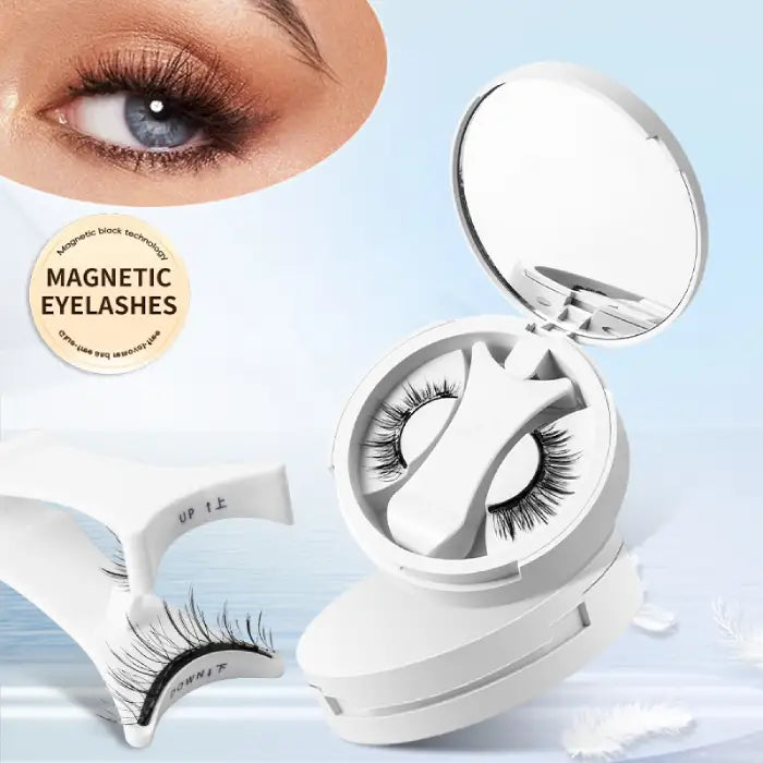 Magnetic eyelashes shown in close-up case with black tech magnet and precise dual-clip system.