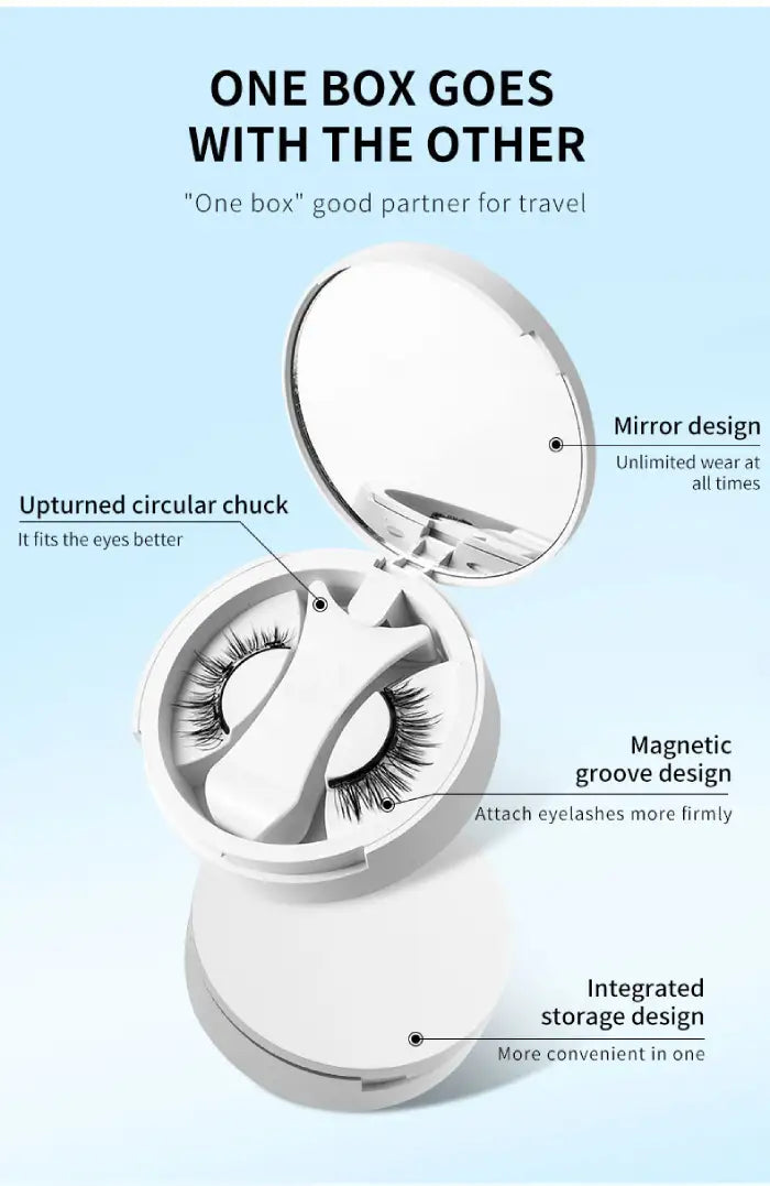 Magnetic eyelashes storage box with mirror, magnetic groove, and compact integrated design.