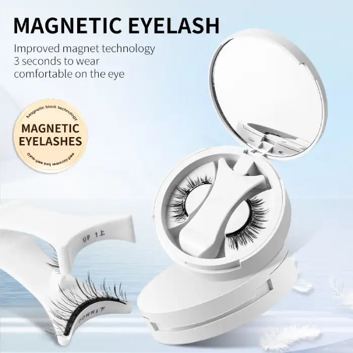 Magnetic eyelashes case with mirror and tweezers featuring advanced magnet technology for secure wear.