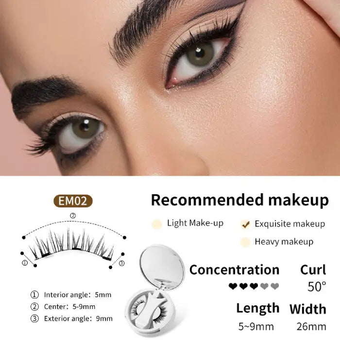 Magnetic eyelashes EM02 with natural curve and 5–9mm lashes for an elegant, defined eye look.