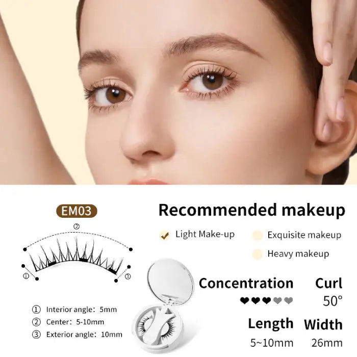 Magnetic eyelashes EM03 ideal for light makeup with 5–10mm lashes and soft natural curl design.