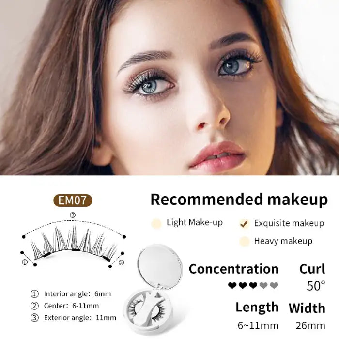 Magnetic eyelashes EM07 for a soft, natural look with feathered lashes and 6–11mm length.