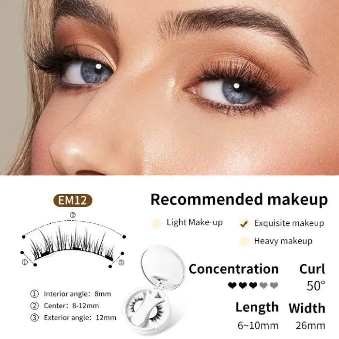 Magnetic eyelashes EM12 for voluminous makeup with curled lash ends and 6–12mm length range.
