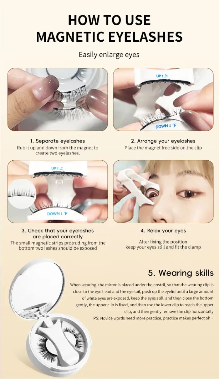 Magnetic eyelashes step-by-step guide showing how to apply using clip and proper eye placement method.