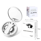 Magnetic eyelashes set with mirror case, instructions, and retail box measuring 77mm x 28mm.